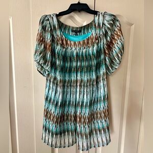 Sara Michelle Plus Size Teal Blue and Brown Patterned Blouse Sz 2X